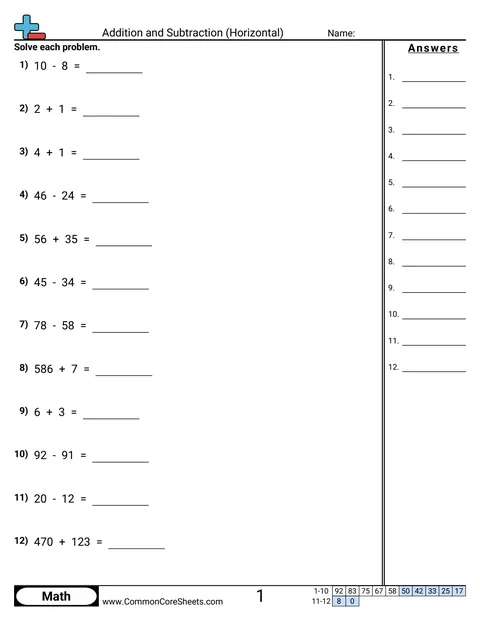 A free horizontal addition and subtraction worksheet from Common Core Sheets