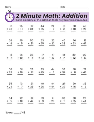 Education.com's own preview of a 2nd grade two-minute addition worksheet