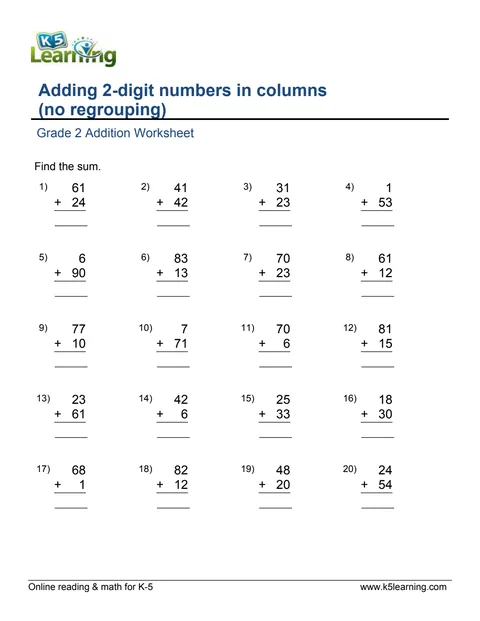 A free 2nd grade column addition worksheet from K5 Learning