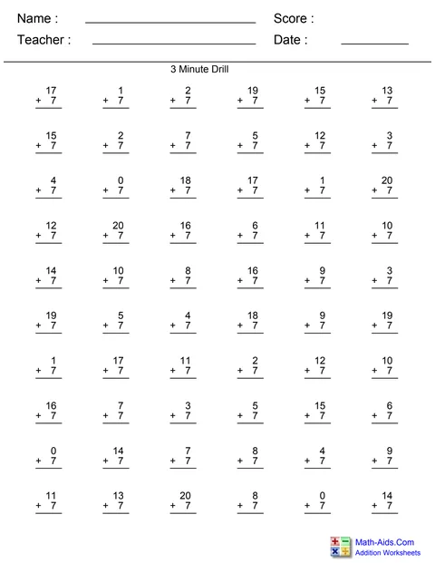 A three-minute addition drill generated on Math-Aids