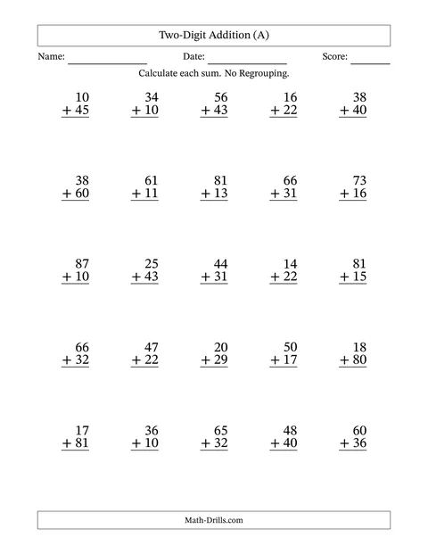 A free two-digit addition worksheet from Math-Drills