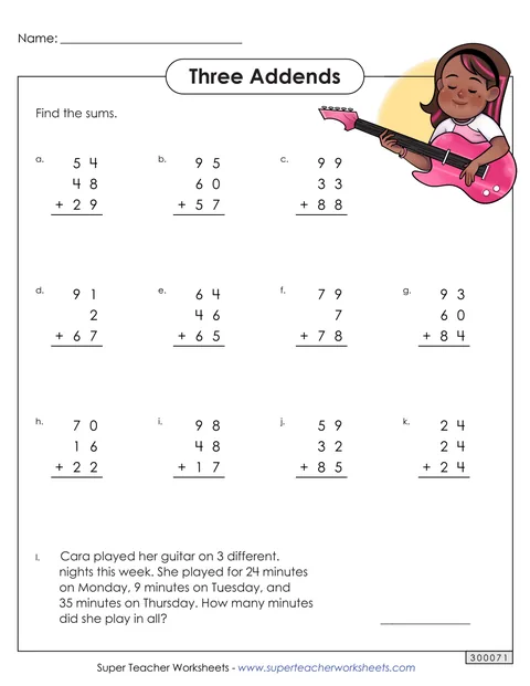A free three-addend addition worksheet from Super Teacher Worksheets