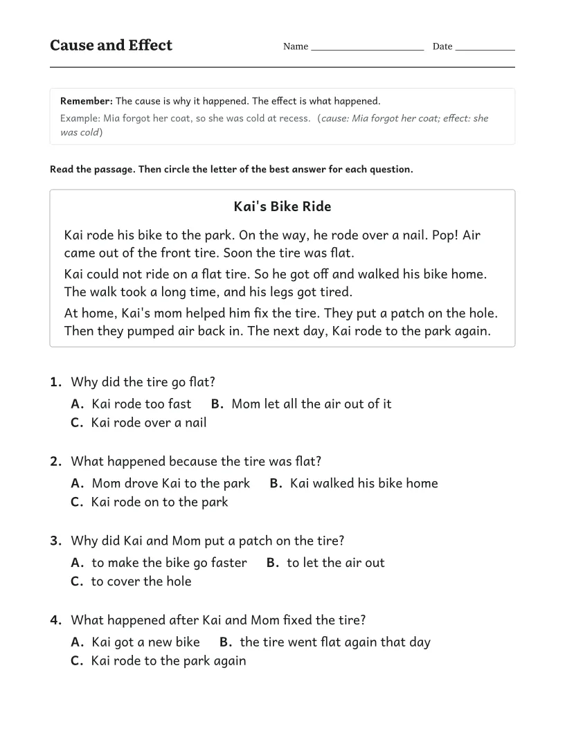Cause and Effect worksheet for 1st Grade