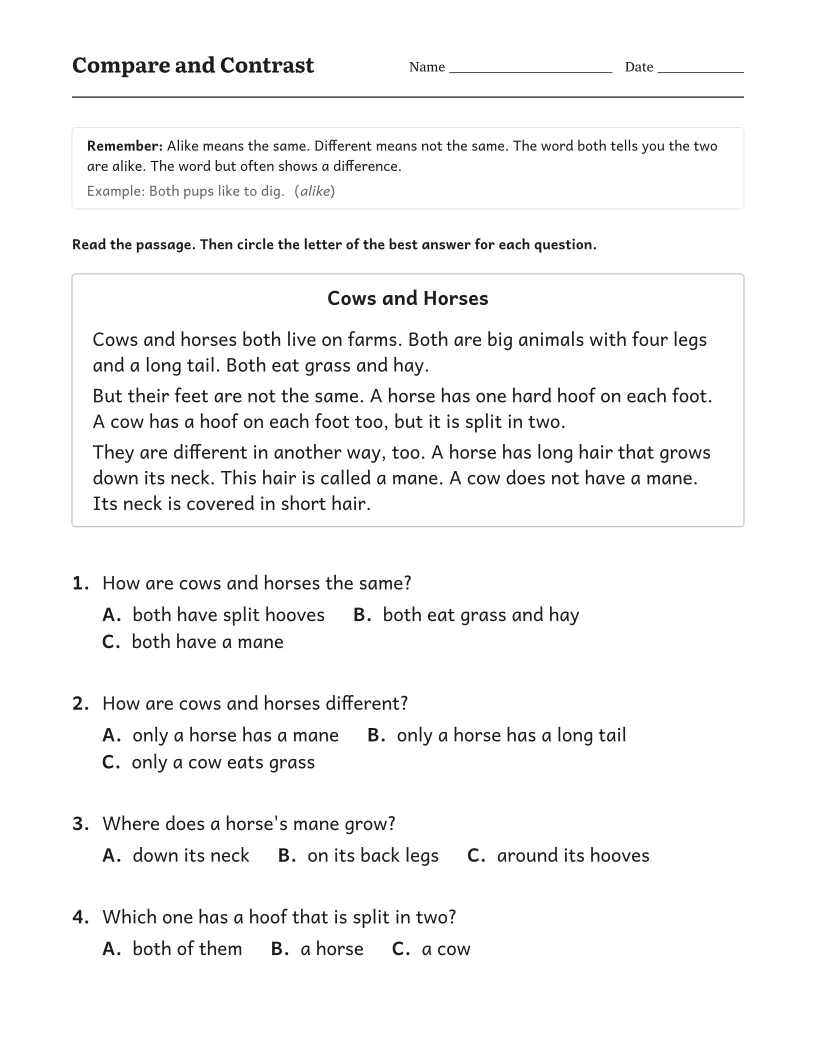 Compare and Contrast worksheet for 1st Grade