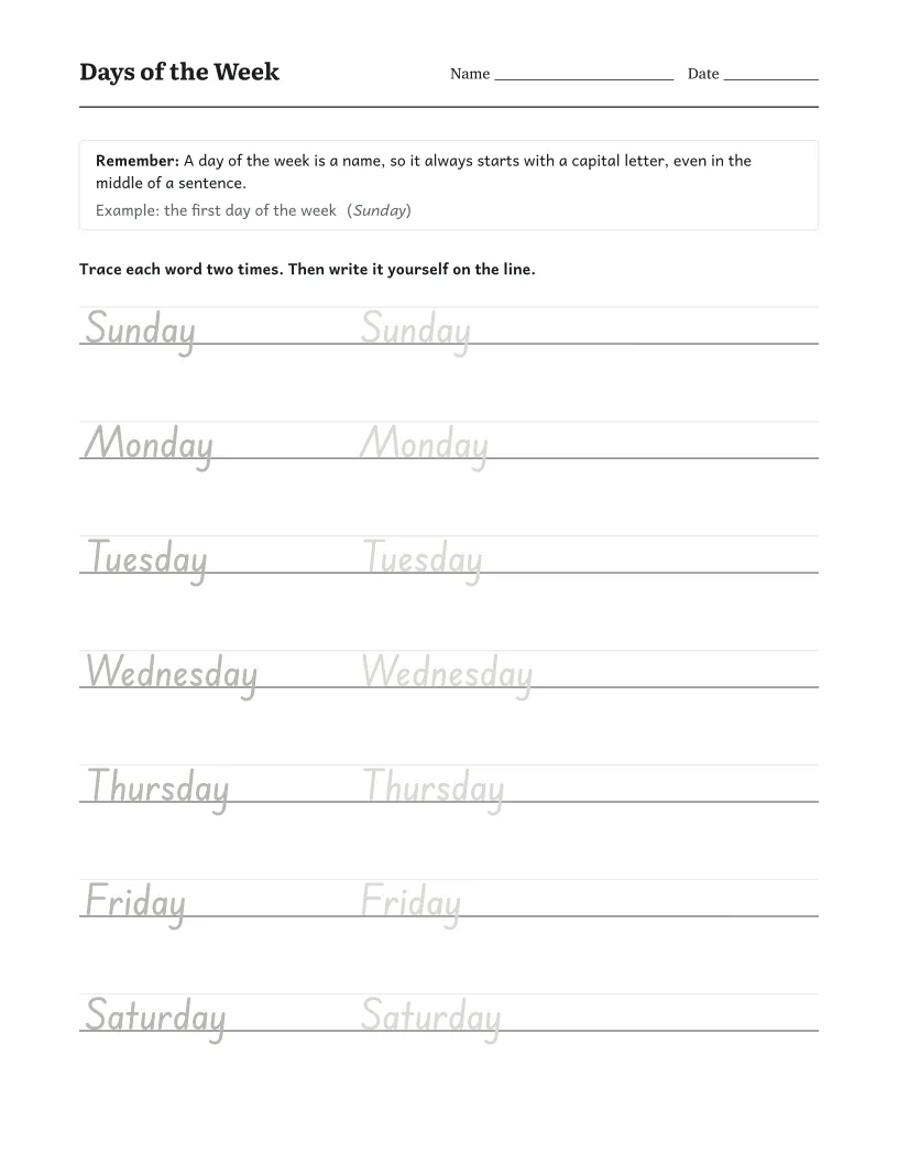 Days of the Week worksheet for 1st Grade