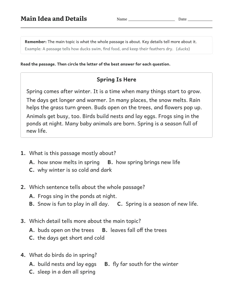 Main Idea and Details worksheet for 1st Grade