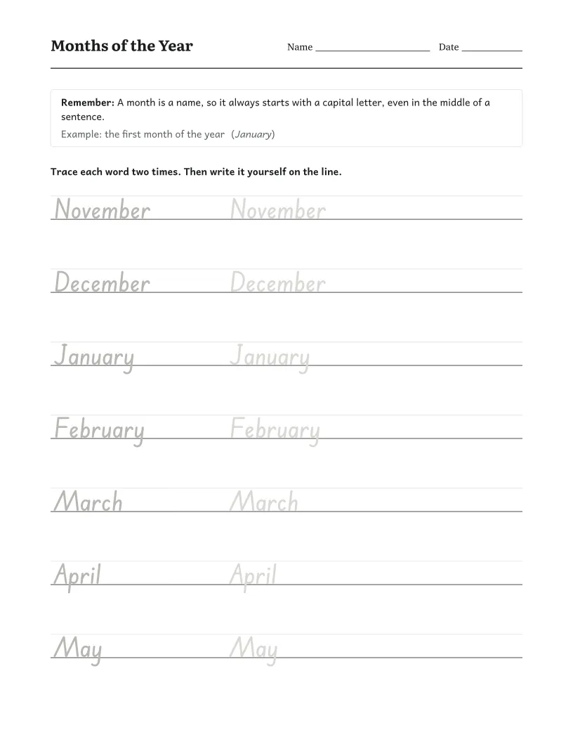 Months of the Year worksheet for 1st Grade
