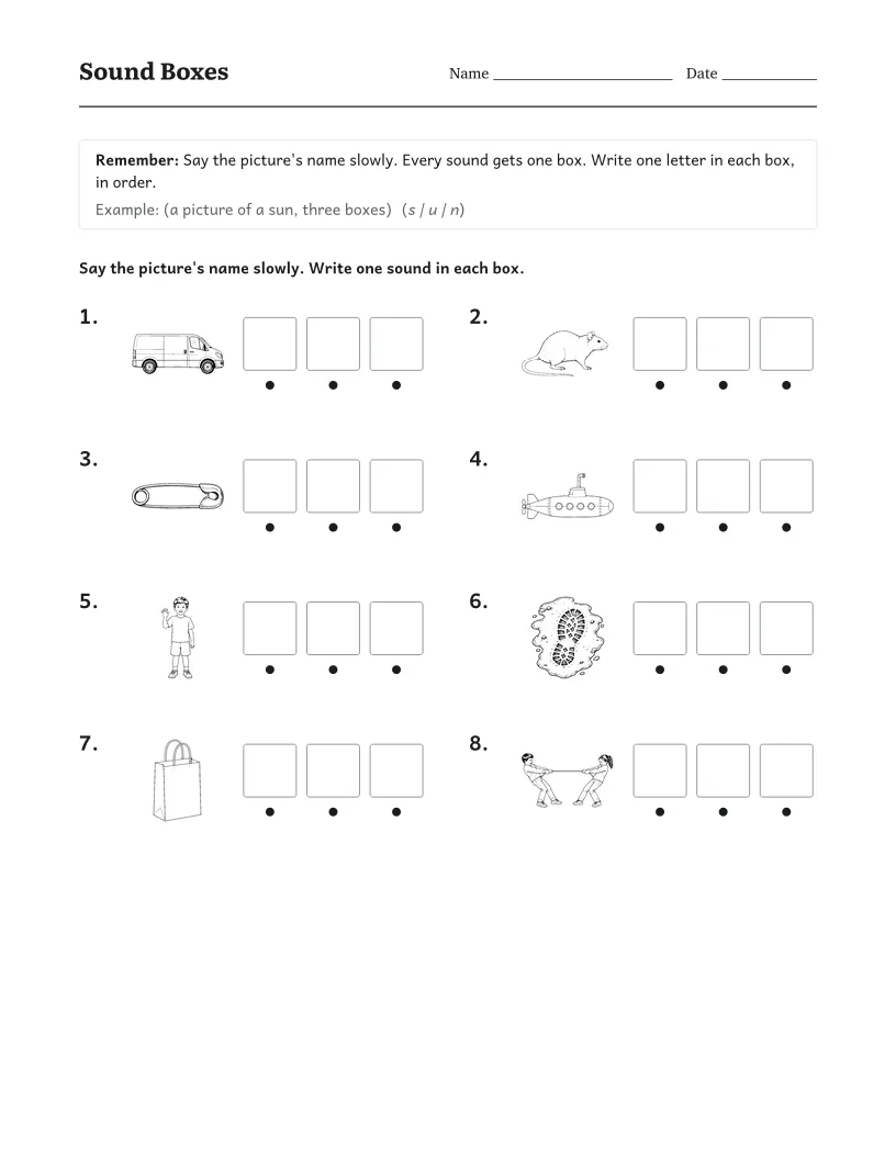 Sound Boxes worksheet for 1st Grade