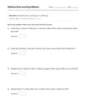Subtraction Word Problems worksheet for 1st Grade