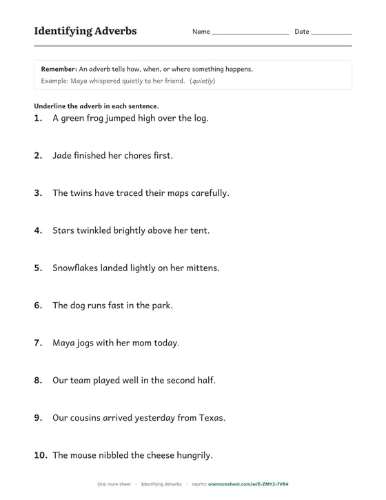 Identifying Adverbs worksheet for 2nd Grade