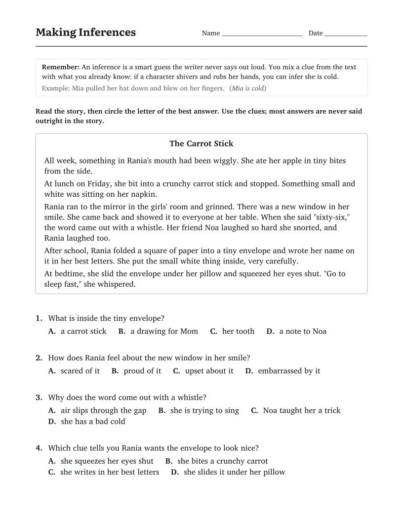 Making Inferences worksheet for 2nd Grade