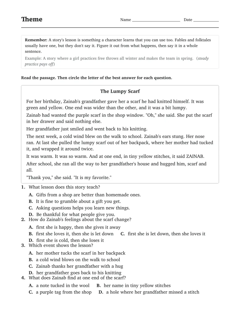 Theme worksheet for 2nd Grade