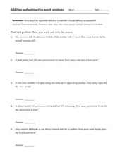 Addition & Subtraction Word Problems worksheet for 3rd Grade