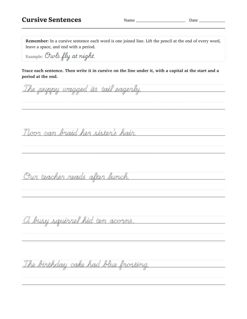 Cursive Sentences worksheet for 3rd Grade