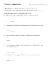 Division Word Problems worksheet for 3rd Grade
