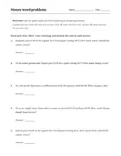 Money Word Problems worksheet for 3rd Grade
