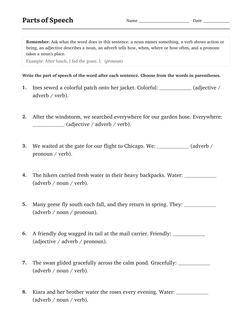 Parts of Speech worksheet for 3rd Grade