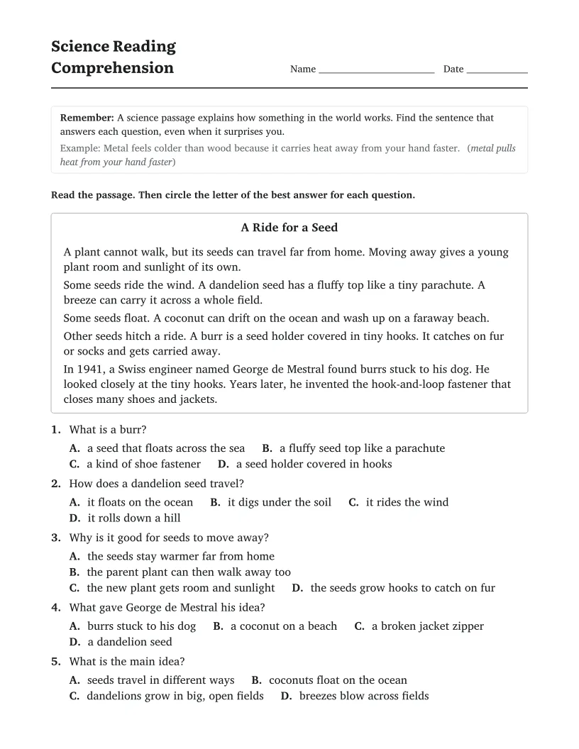 Science Reading Comprehension worksheet for 3rd Grade