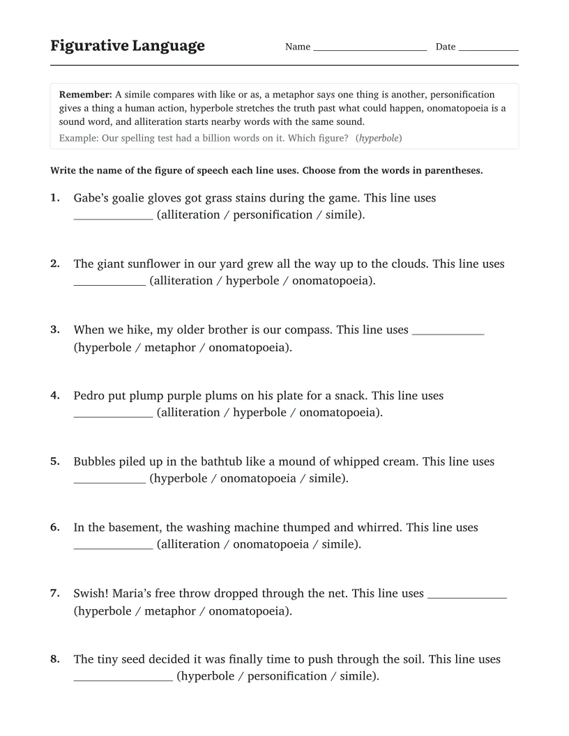 Figurative Language worksheet for 4th Grade