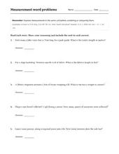 Measurement Word Problems worksheet for 4th Grade