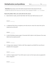 Multiplication Word Problems worksheet for 4th Grade