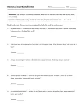 Decimal Word Problems worksheet for 5th Grade