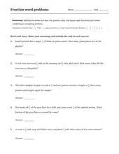 Fraction Word Problems worksheet for 5th Grade