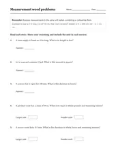 Measurement Word Problems worksheet for 5th Grade