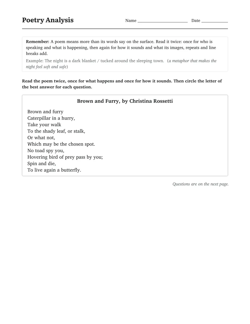 Poetry Analysis worksheet for 5th Grade