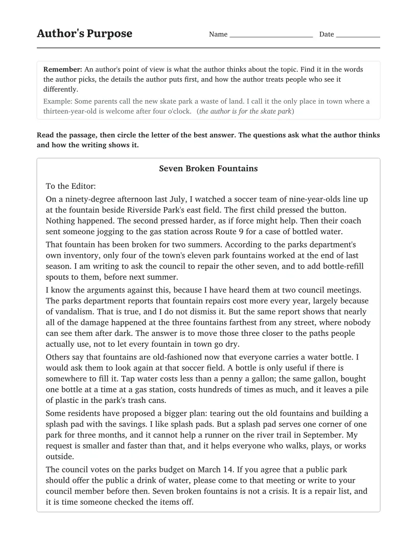 Author's Purpose worksheet for 6th Grade