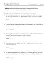 Integer Word Problems worksheet for 6th Grade