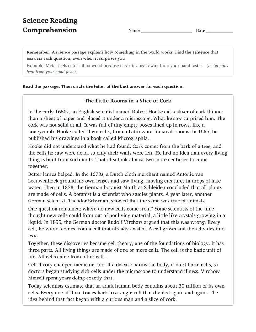 Science Reading Comprehension worksheet for 6th Grade