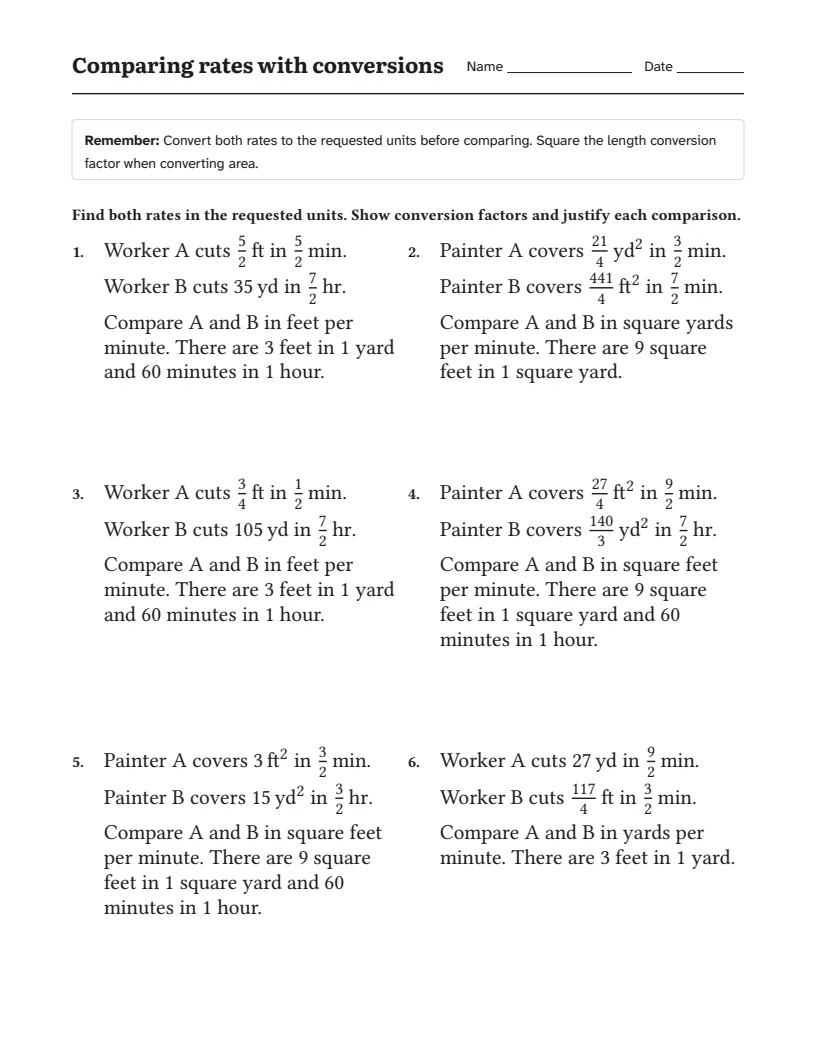 Comparing rates with conversions worksheet for 7th Grade