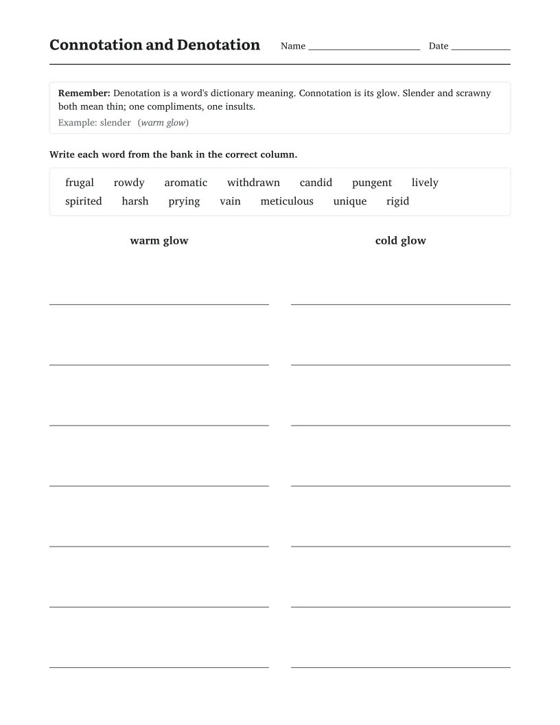 Connotation and Denotation worksheet for 7th Grade