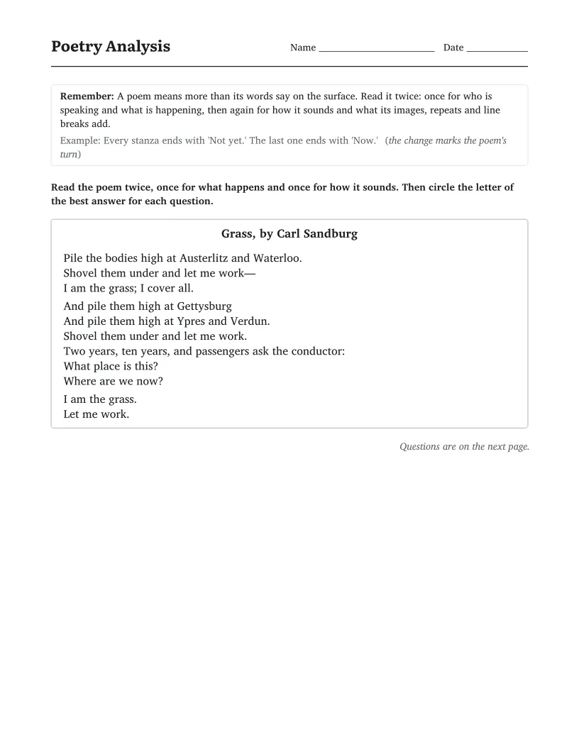 Poetry Analysis worksheet for 7th Grade