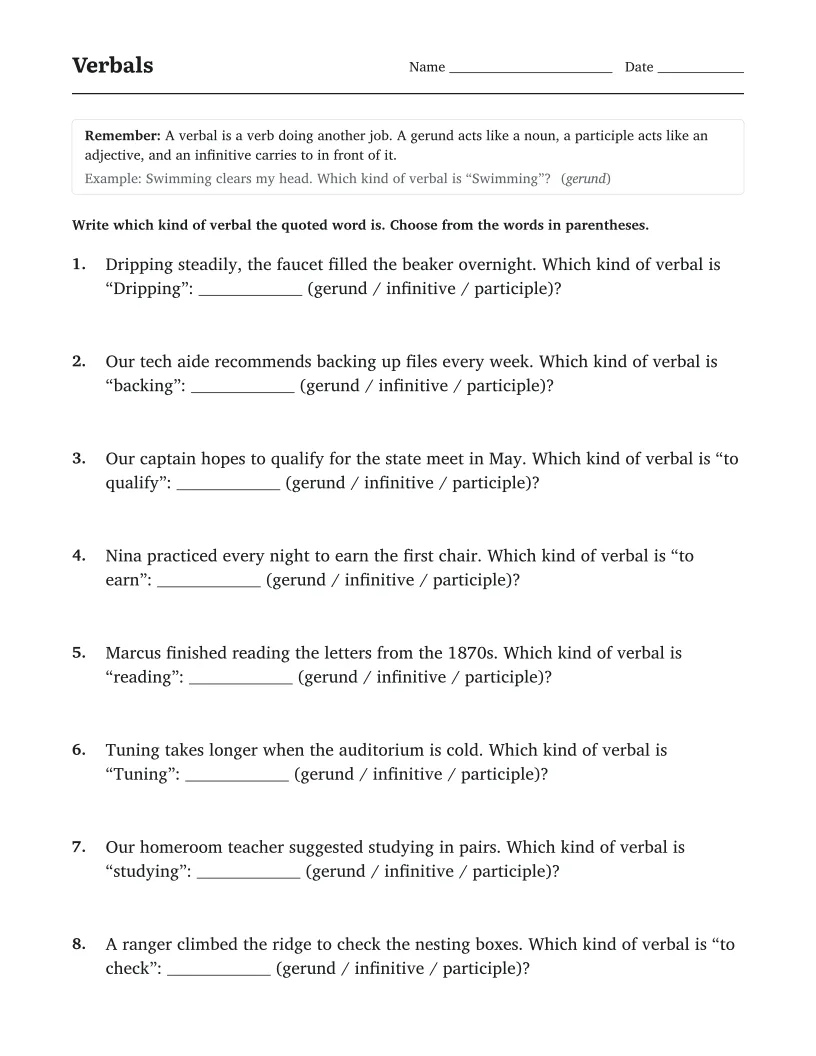 Verbals worksheet for 7th Grade
