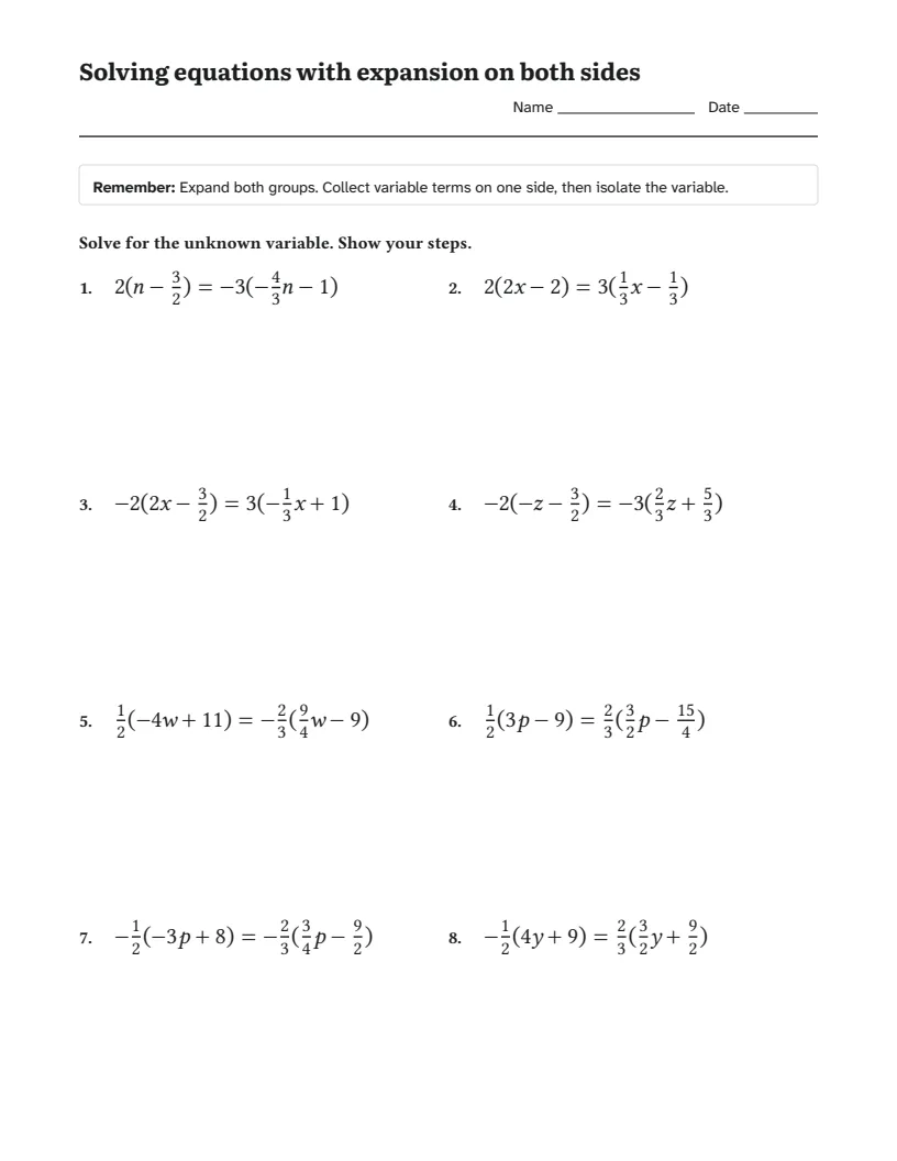 Solving equations with expansion on both sides worksheet for 8th Grade
