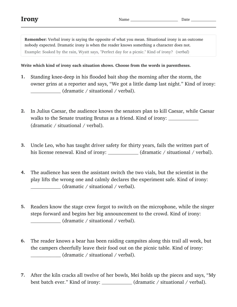 Irony worksheet for 8th Grade