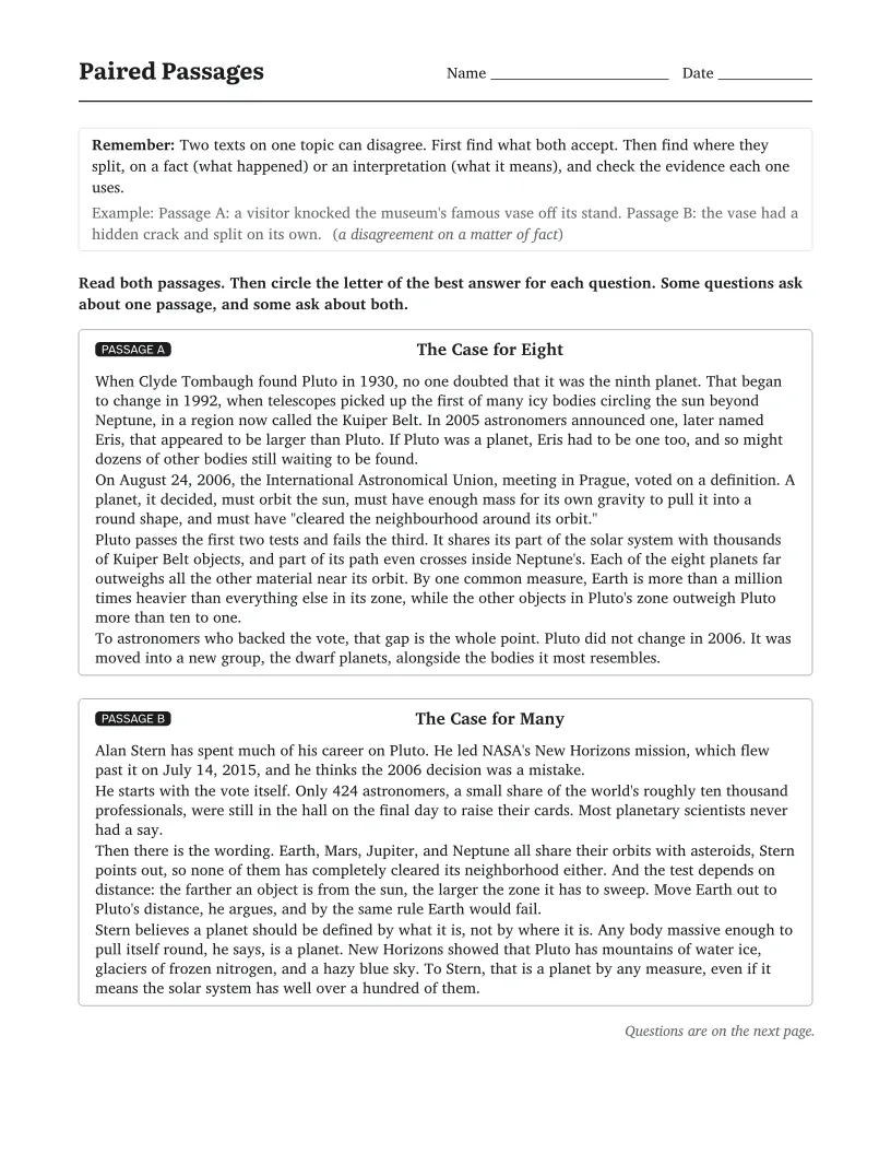Paired Passages worksheet for 8th Grade