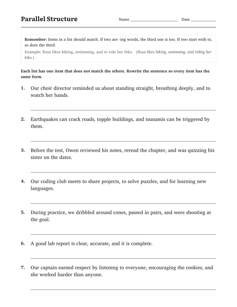 Parallel Structure worksheet for 8th Grade