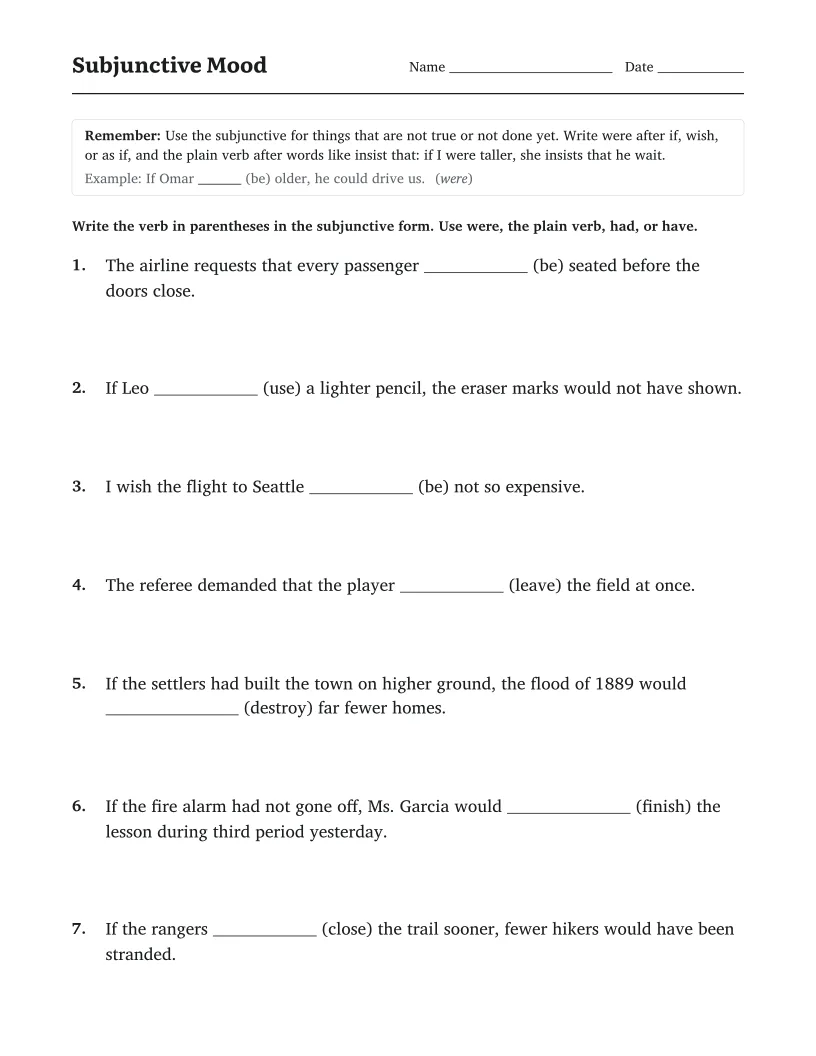 Subjunctive Mood worksheet for 8th Grade