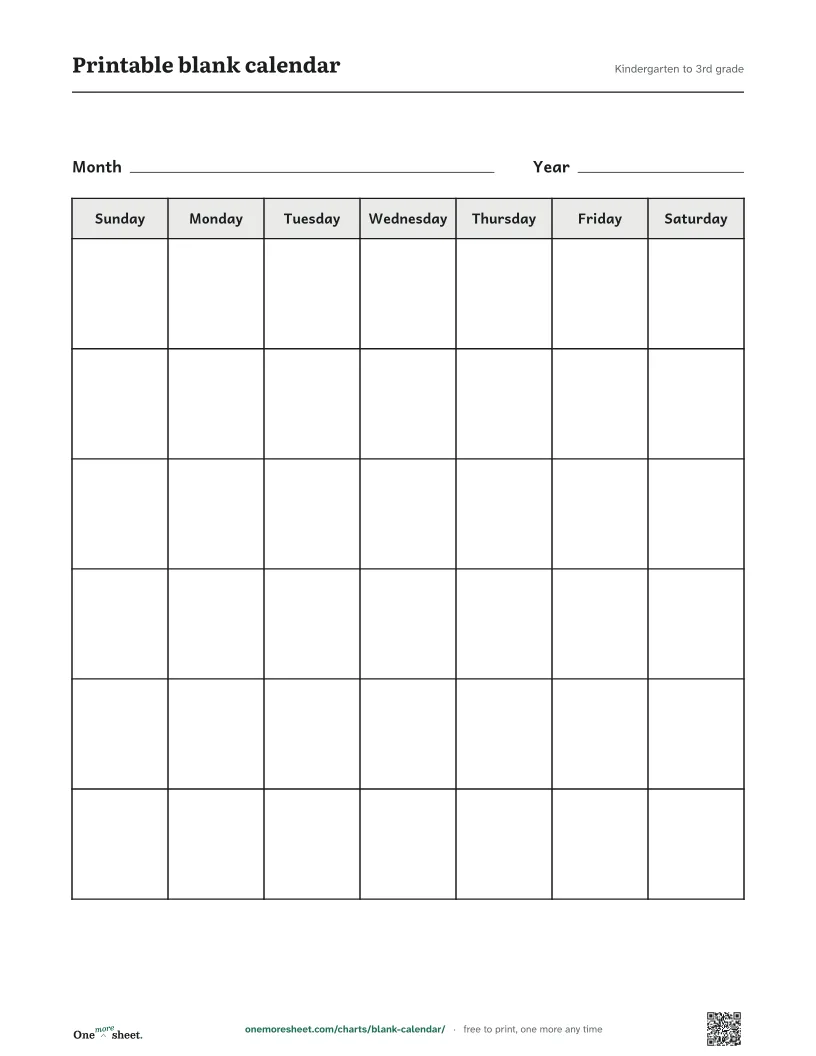 Printable blank calendar, Kindergarten to 3rd grade: the printed sheet
