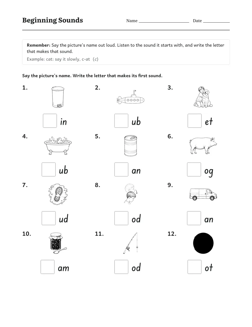 Beginning Sounds worksheet for Kindergarten