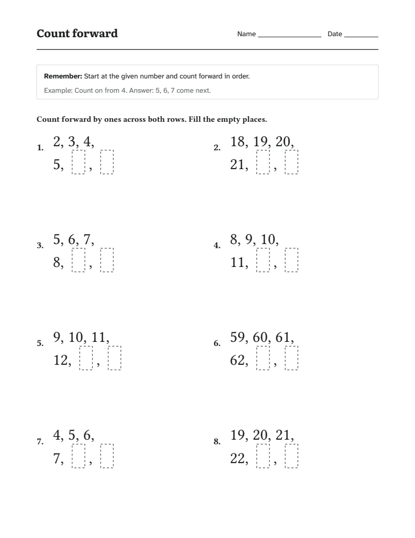 Counting Forward worksheet for Kindergarten