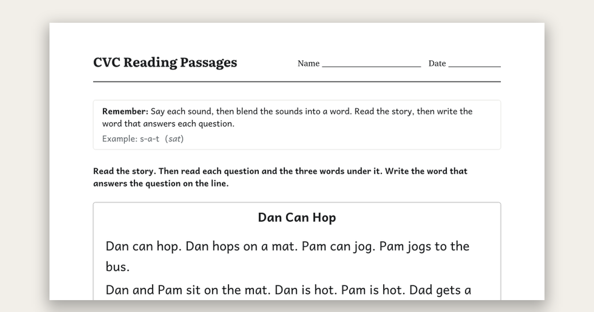 Kindergarten CVC reading passages worksheets – free PDF