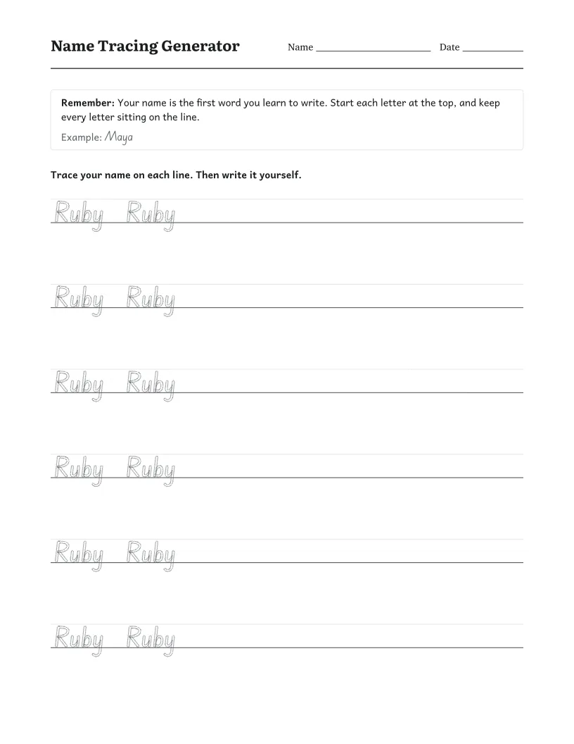 Name Tracing Generator worksheet for Kindergarten
