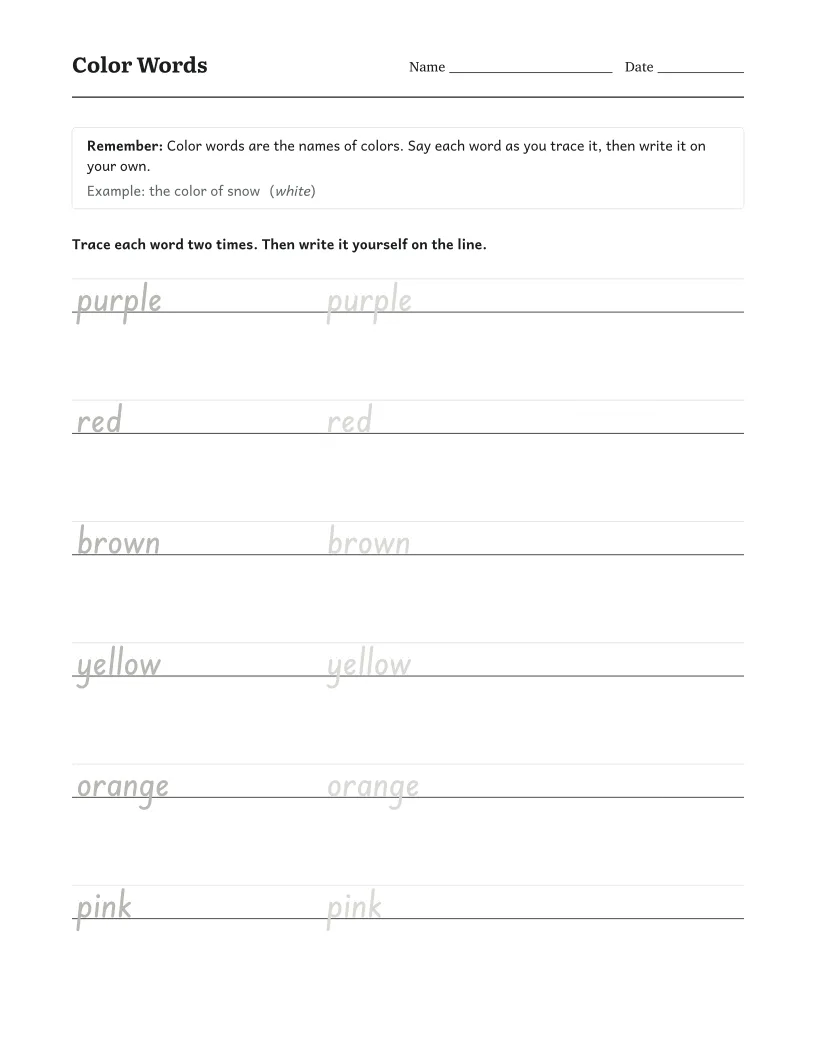 Color Words worksheet for Preschool
