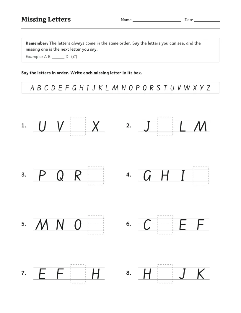 Missing Letters worksheet for Preschool